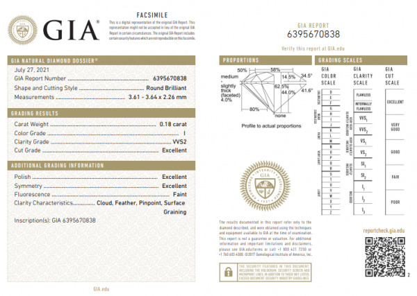 Diamante 0,18 VVS2 Redondo Brilhante I 3.61 - 3.64 x 2.26 mm