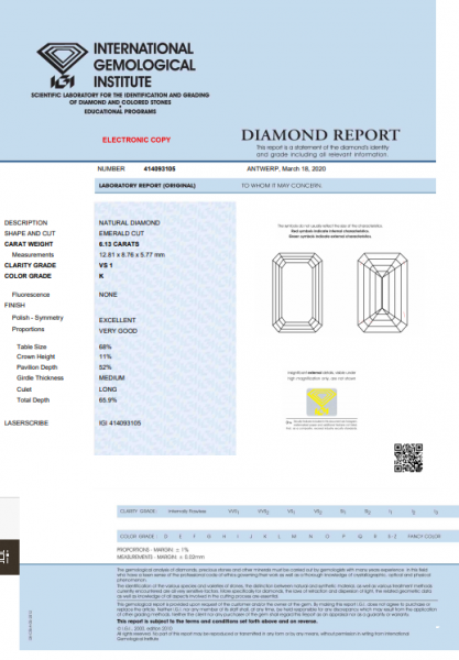 Diamante 6,13 VS1 Brilhante Esmeralda K 12.81 x 8.76 x 5.77 mm